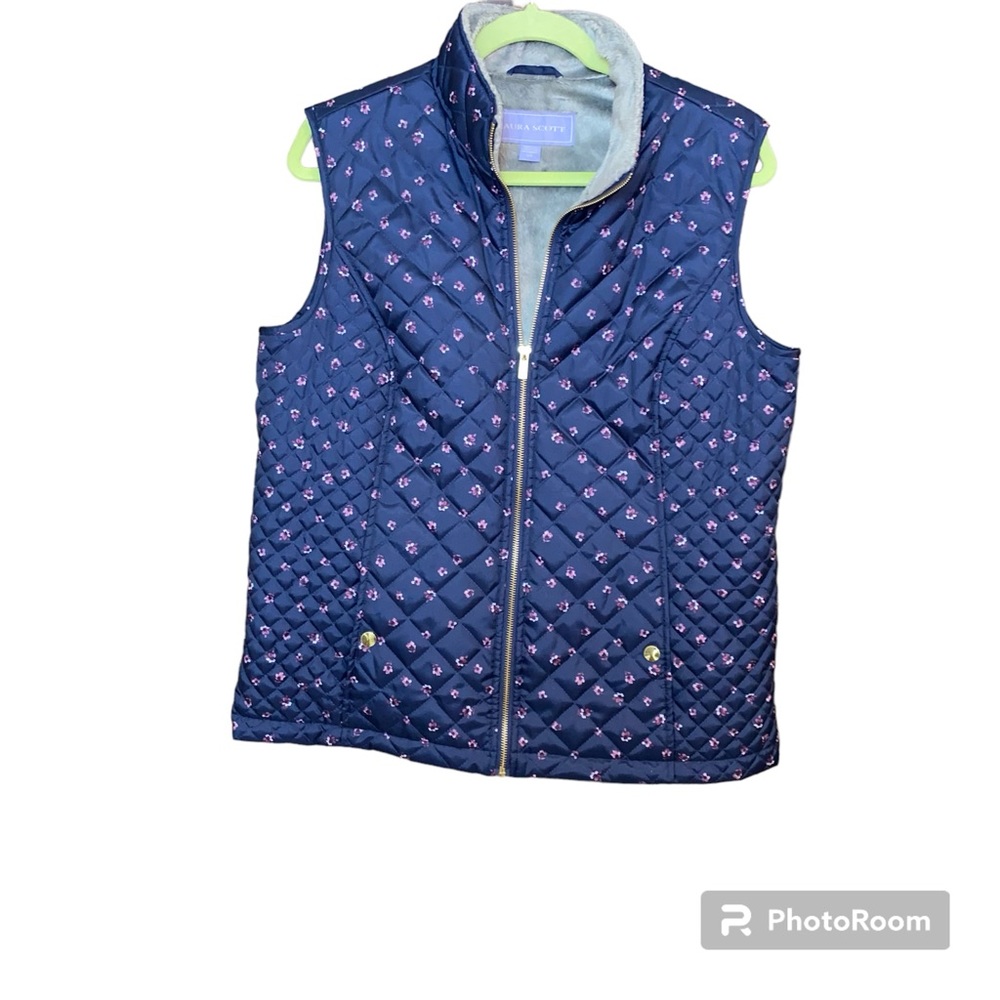Laura Scott Navy Blue Floral Fleece Lined Insulated Quilted Vest with Pockets